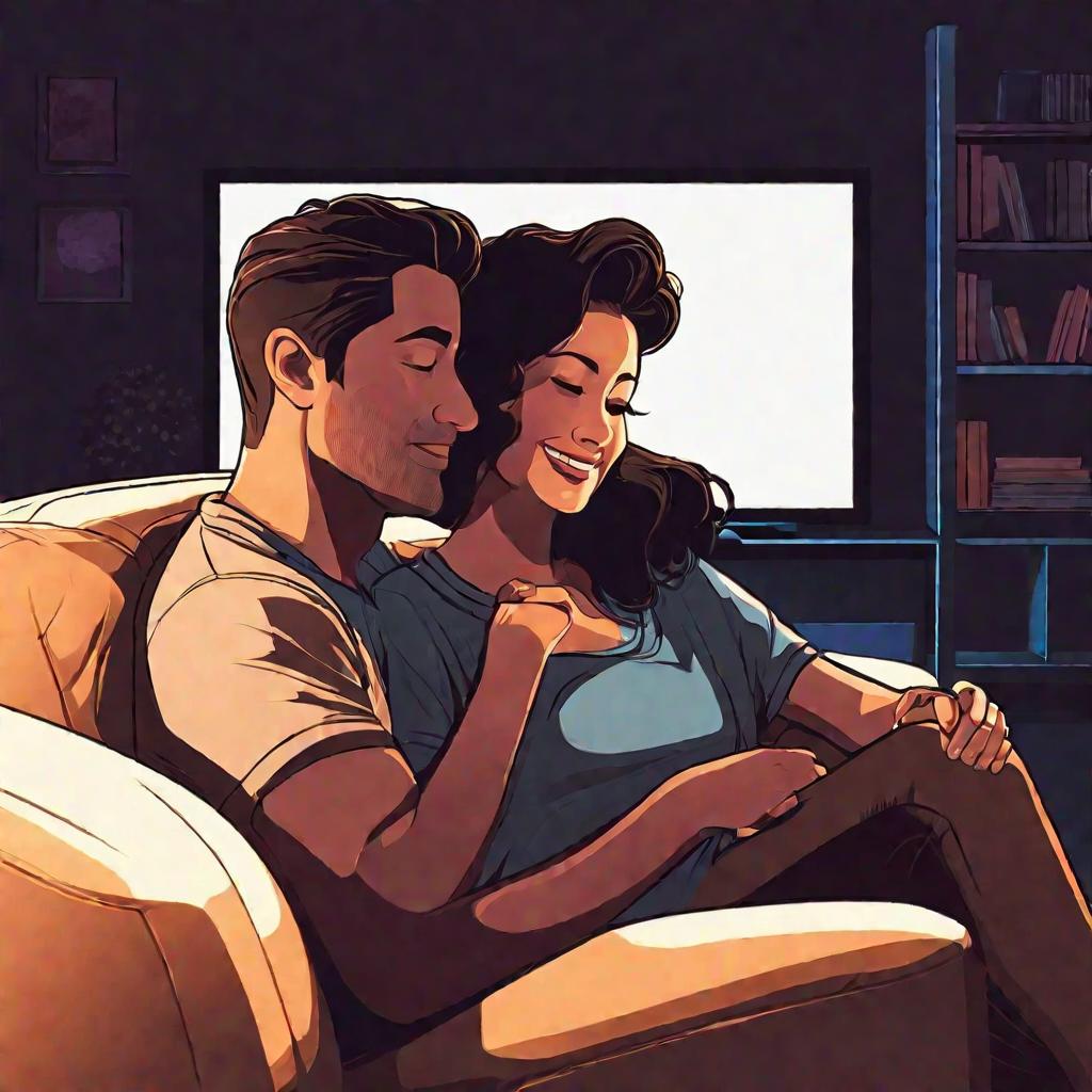 пара смотрит романтический фильм ночью по телевизору