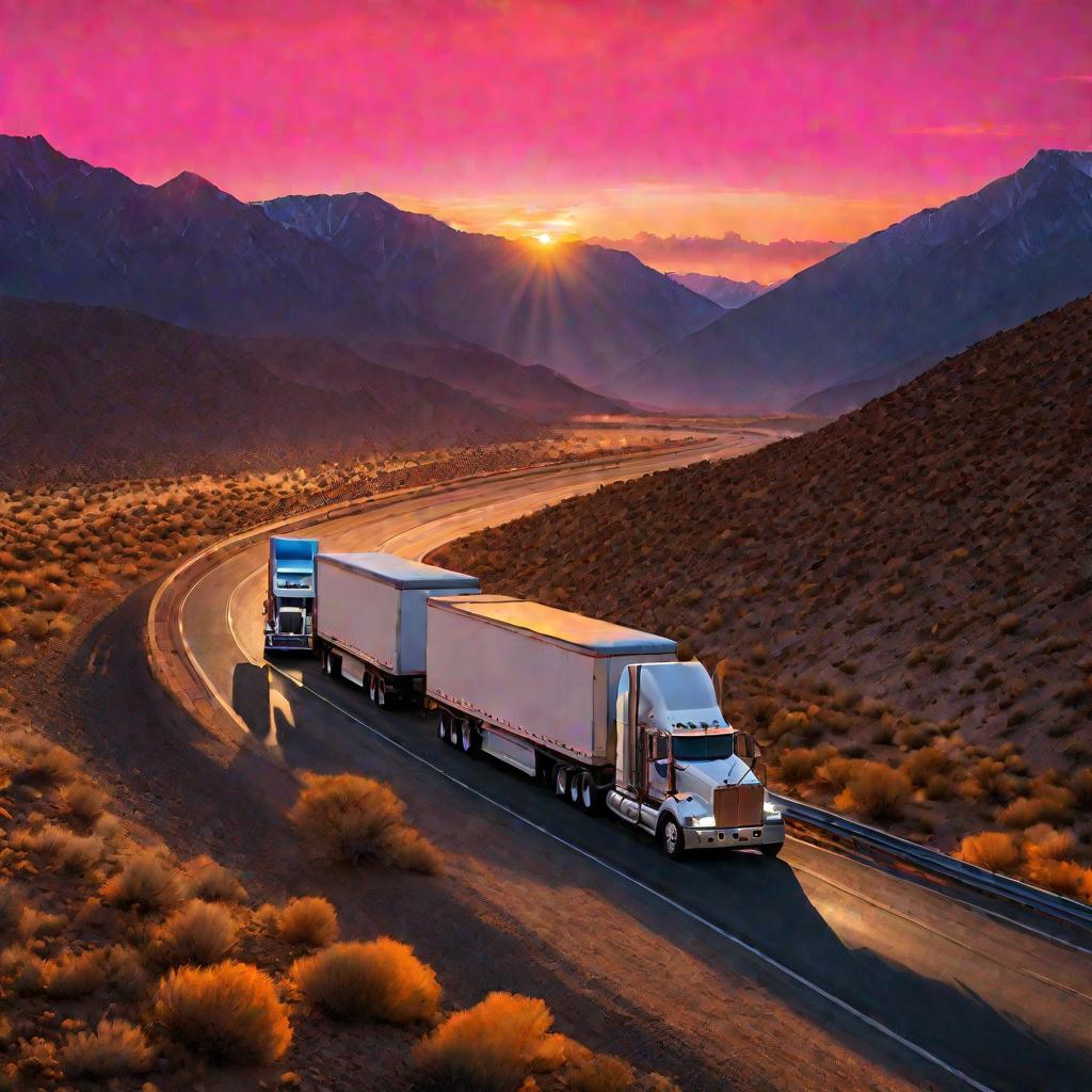 Караван грузовиков едет по шоссе в горах на закате