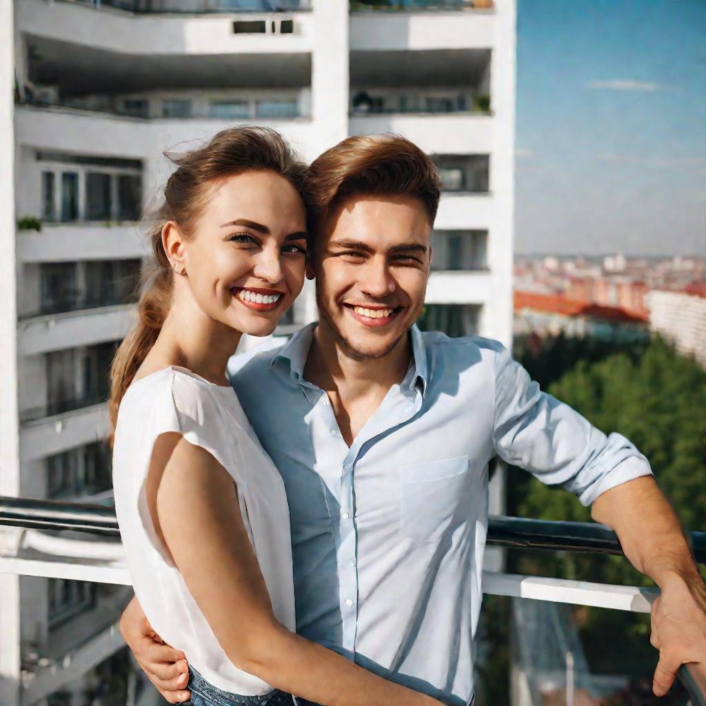 Счастливая молодая пара на балконе новой квартиры