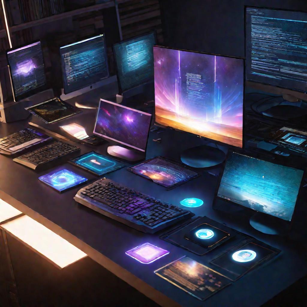 Вид сверху на рабочий стол с разбросанными по нему файлами, каждый из которых светится уникальным сиянием в соответствии со своим типом файла. Лучи света создают неземную атмосферу.