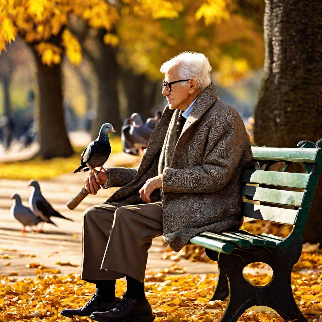 Пожилой мужчина кормит голубей в парке осенью.