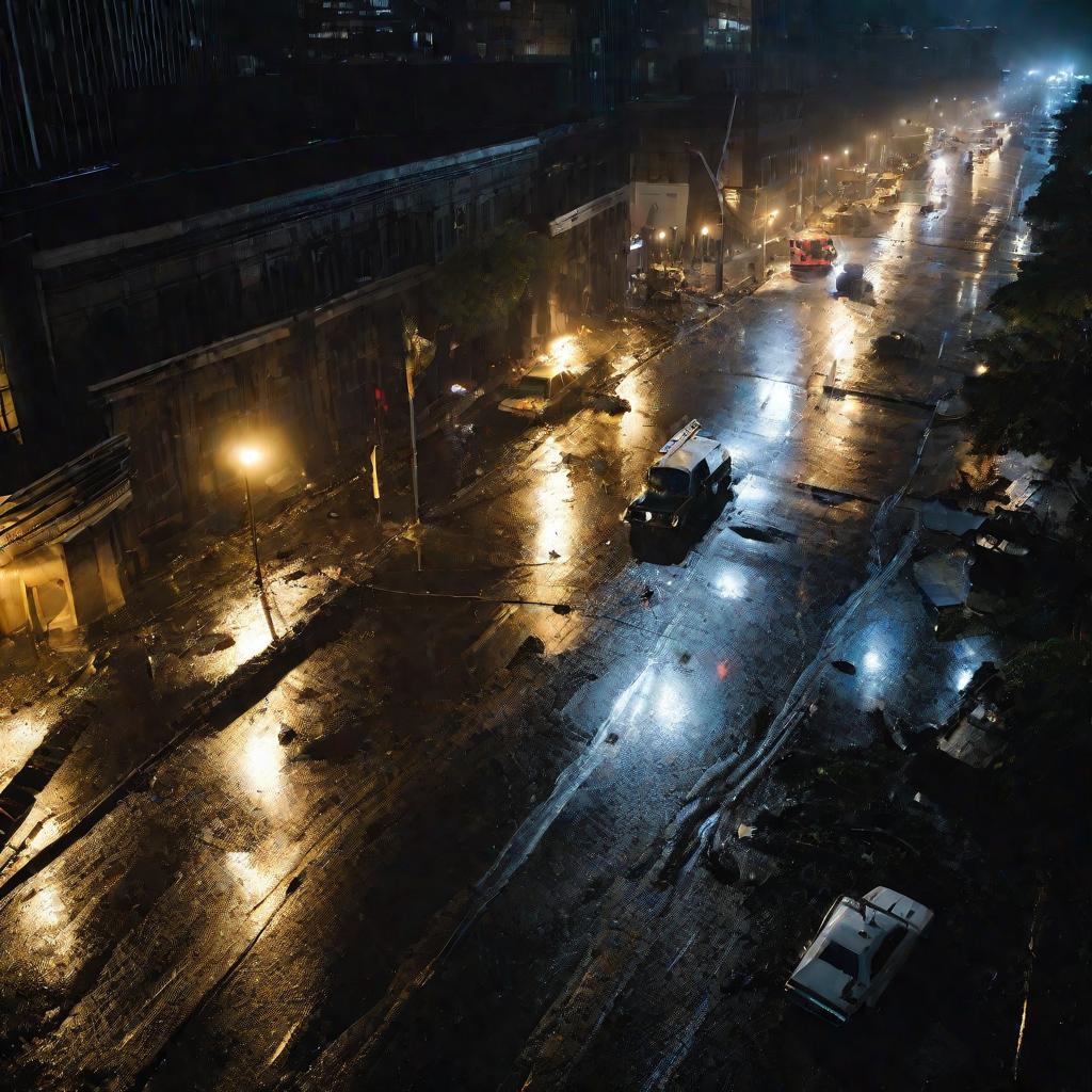 Улица города ночью после бедствия