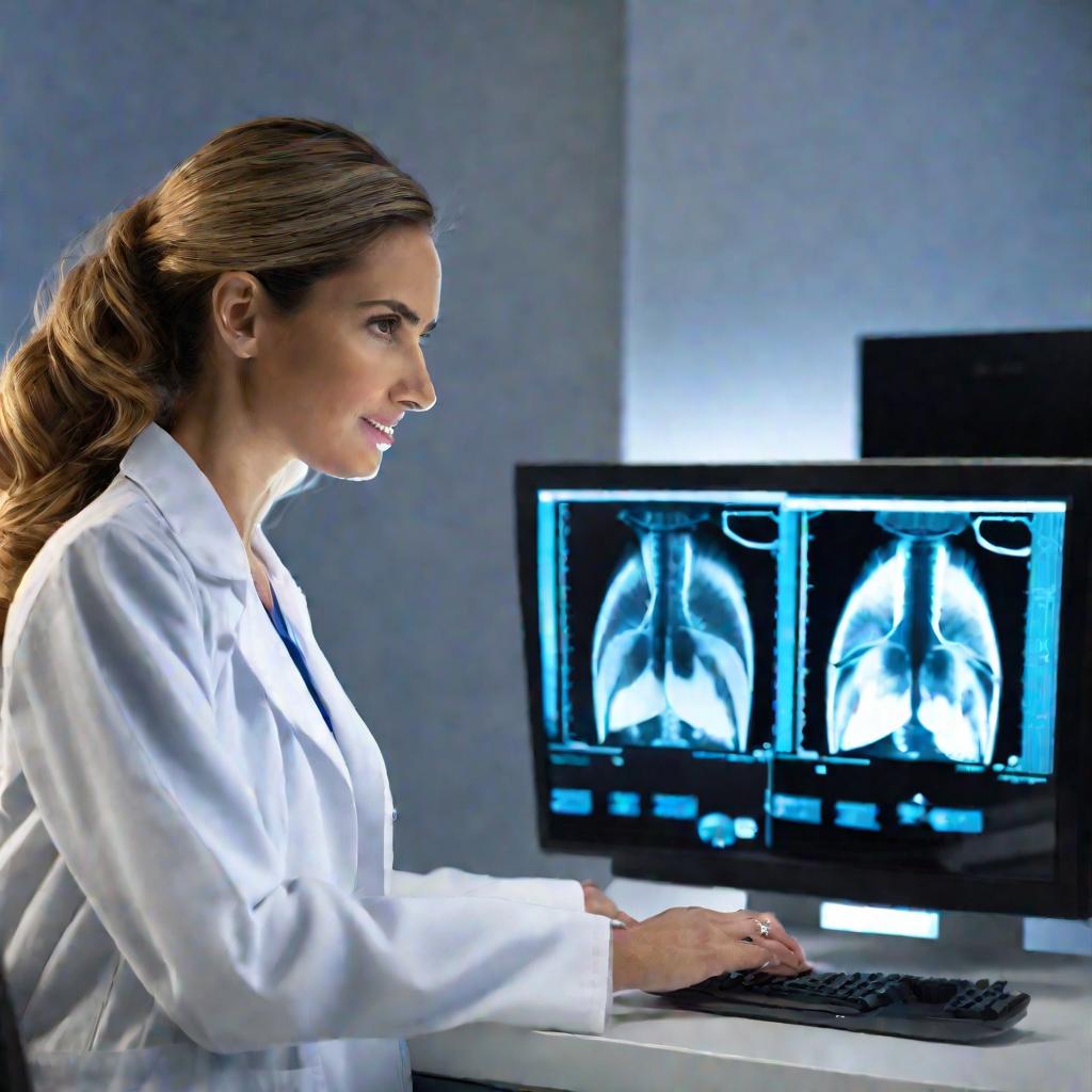Ортодонт анализирует рентгеновские снимки на компьютере.