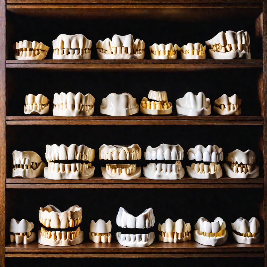 Ряды гипсовых слепков зубных рядов в ортодонтической лаборатории.