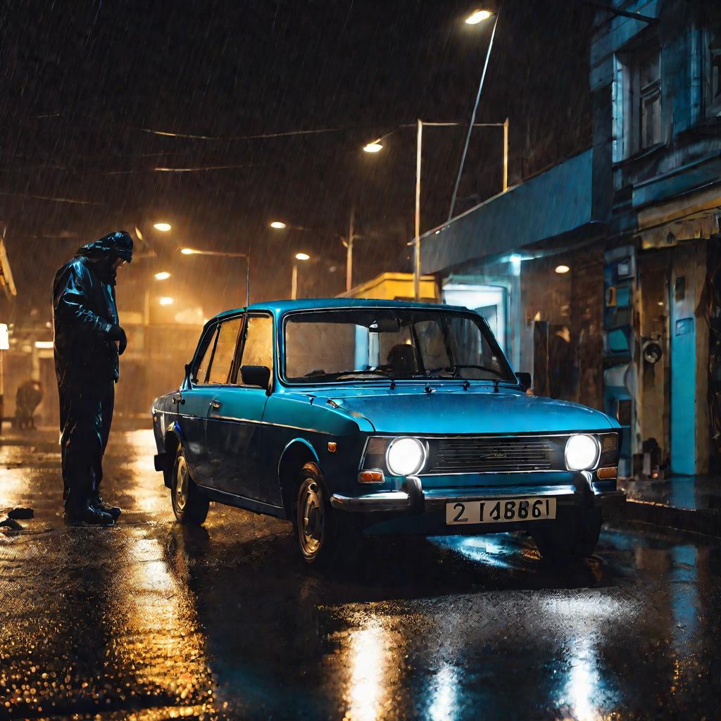 Ночью механик чинит стартер ВАЗ 2106 на мокрой улице под фонарями.