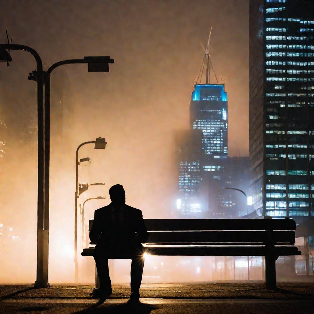 Мужчина сидит на остановке в туманный вечер