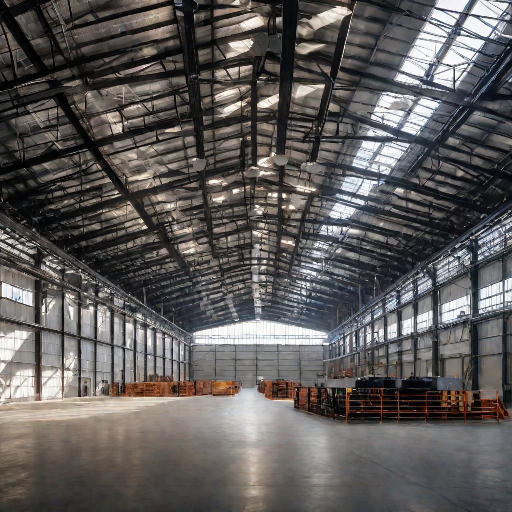 Вид сверху на большой промышленный склад, освещенный мягким дневным светом из фонарей в металлической крыше. Просторный интерьер демонстрирует лабиринт блестящих металлических воздуховодов и вентиляционных отверстий, подвешенных к высоким потолкам, с видн