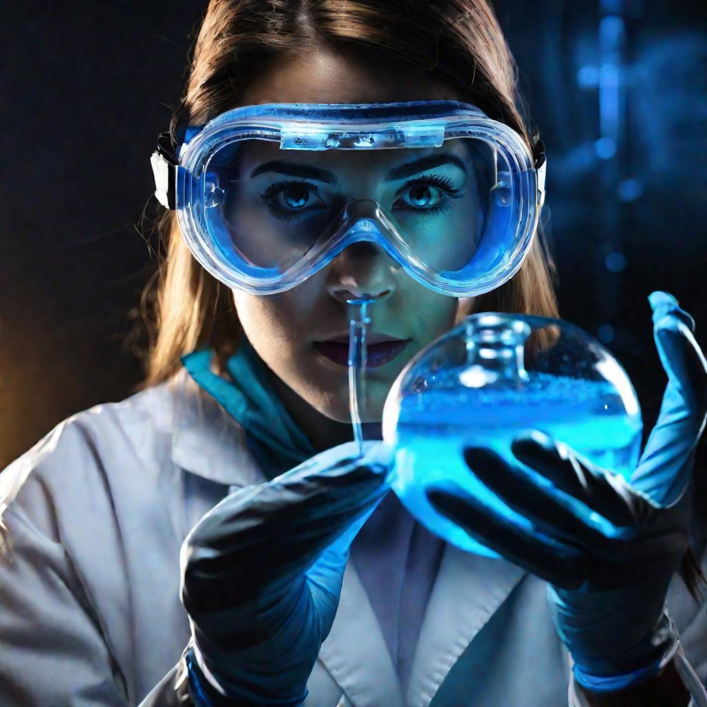 Химик держит колбу с ярко светящимся голубым раствором.