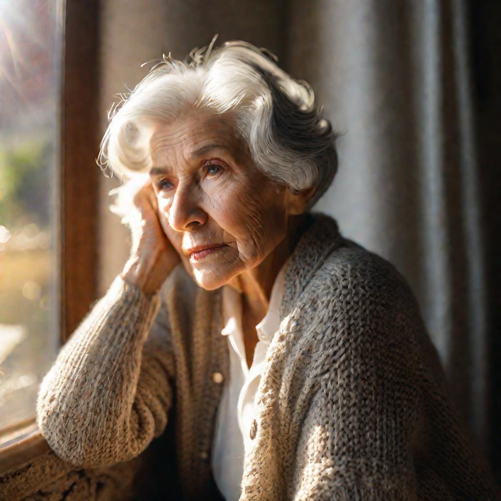 Пожилая женщина, задумчиво глядящая в окно