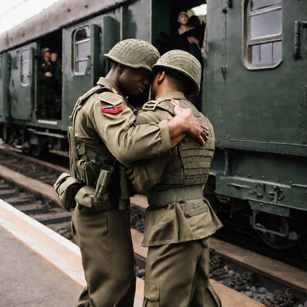 Солдаты обнимаются на вокзале перед расставанием