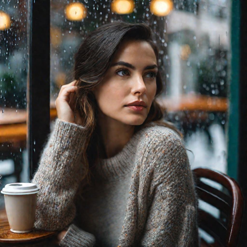 Задумчивая женщина смотрит в окно кафе