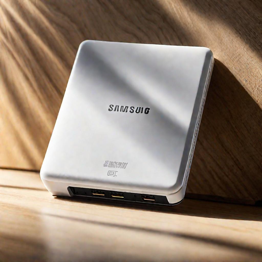 Белый SSD диск Samsung на деревянной поверхности в теплых солнечных лучах.