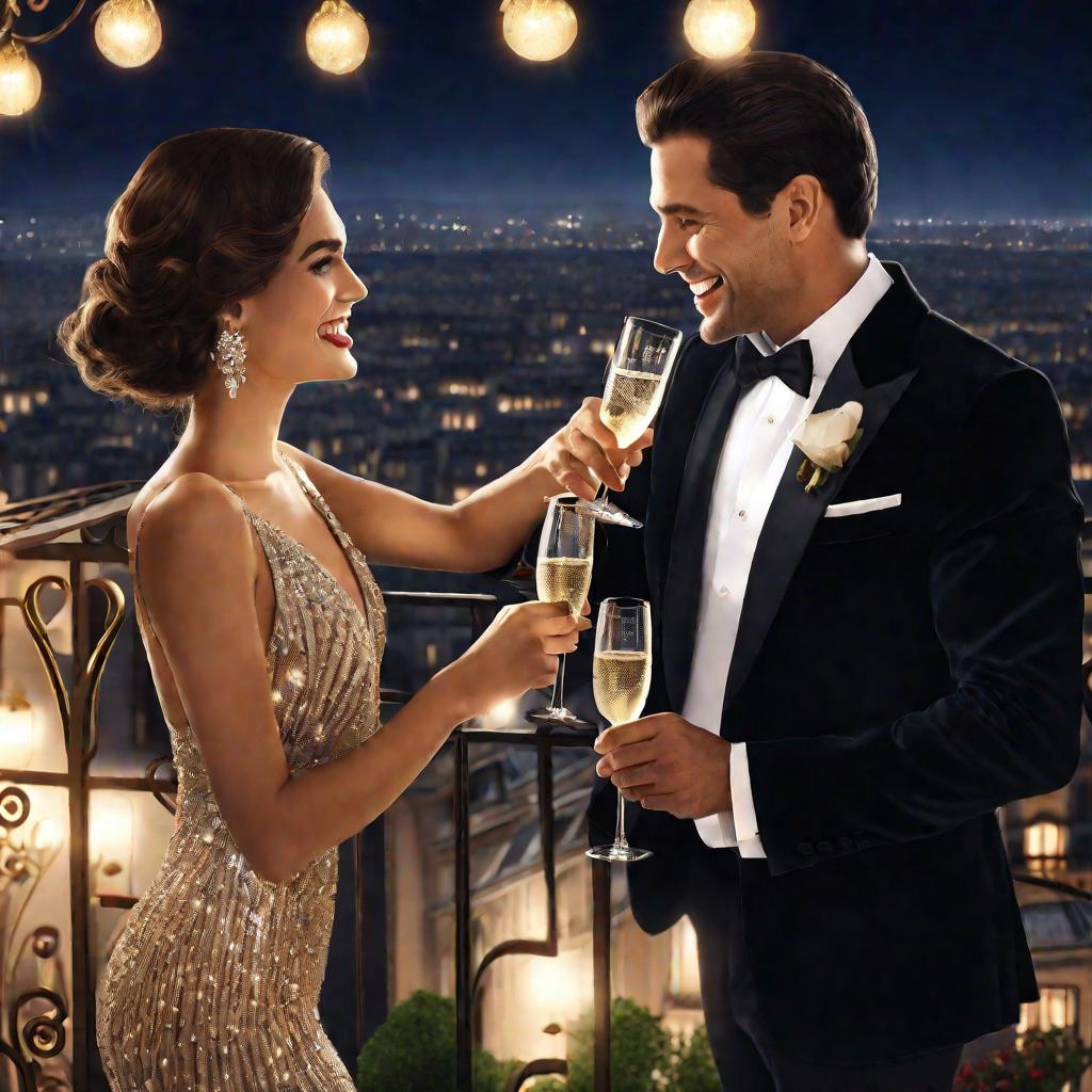 Пара пьет шампанское на балконе роскошного номера