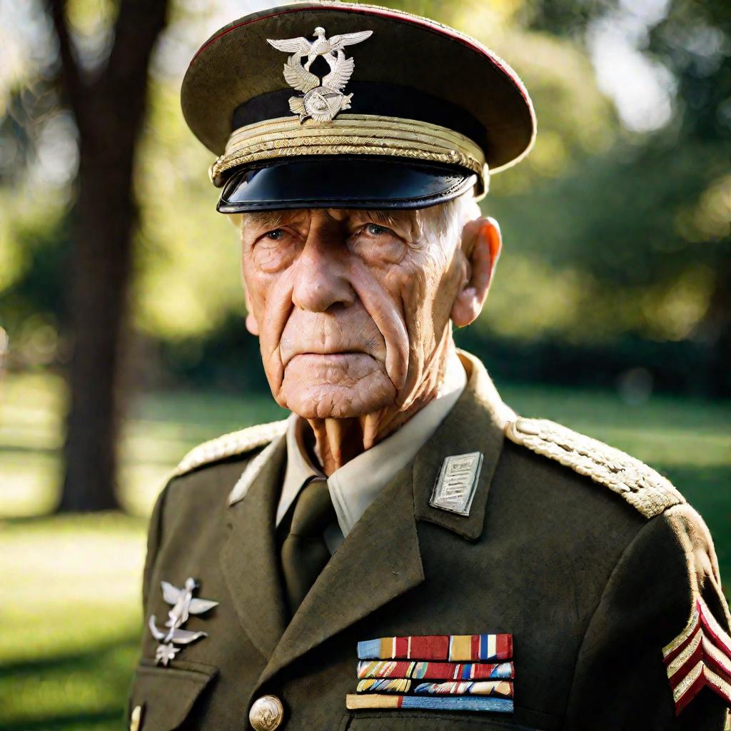 Крупный портрет пожилого мужчины в военной форме, стоящего в парке