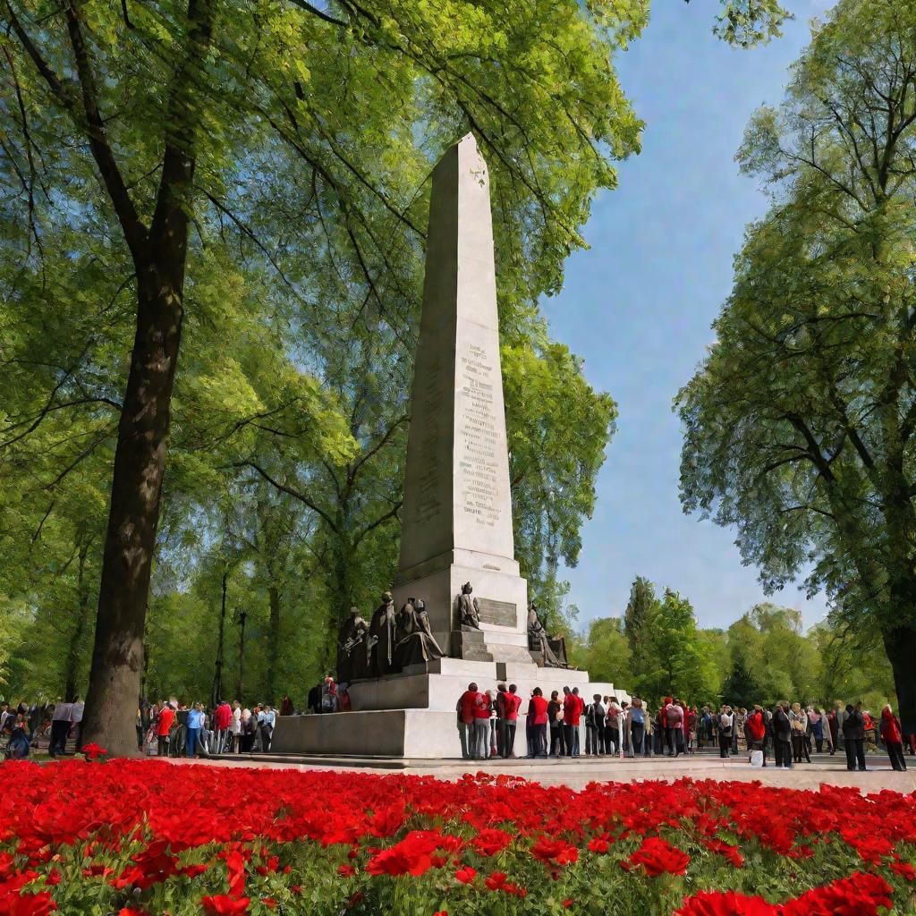 Широкий обзор людей, собравшихся возле мемориала Победы в парке в День Победы