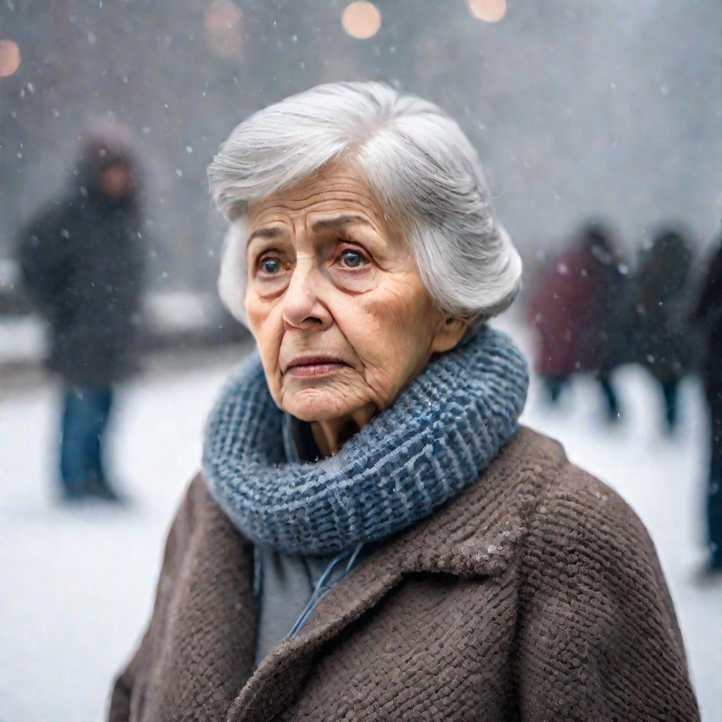 Портрет пожилой женщины с обеспокоенным выражением лица, стоящей в очереди у здания ПФР зимой.