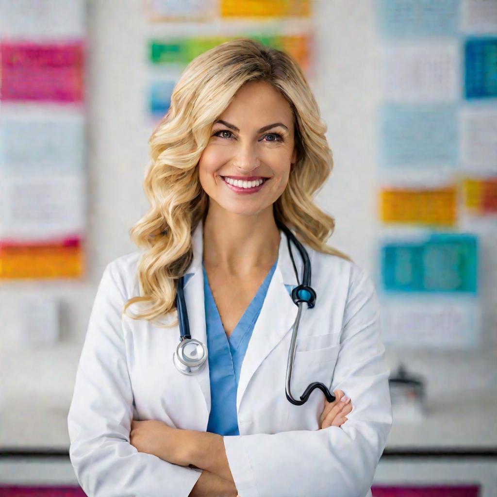 Портрет женщины-педиатра в белом халате, улыбающейся в камеру