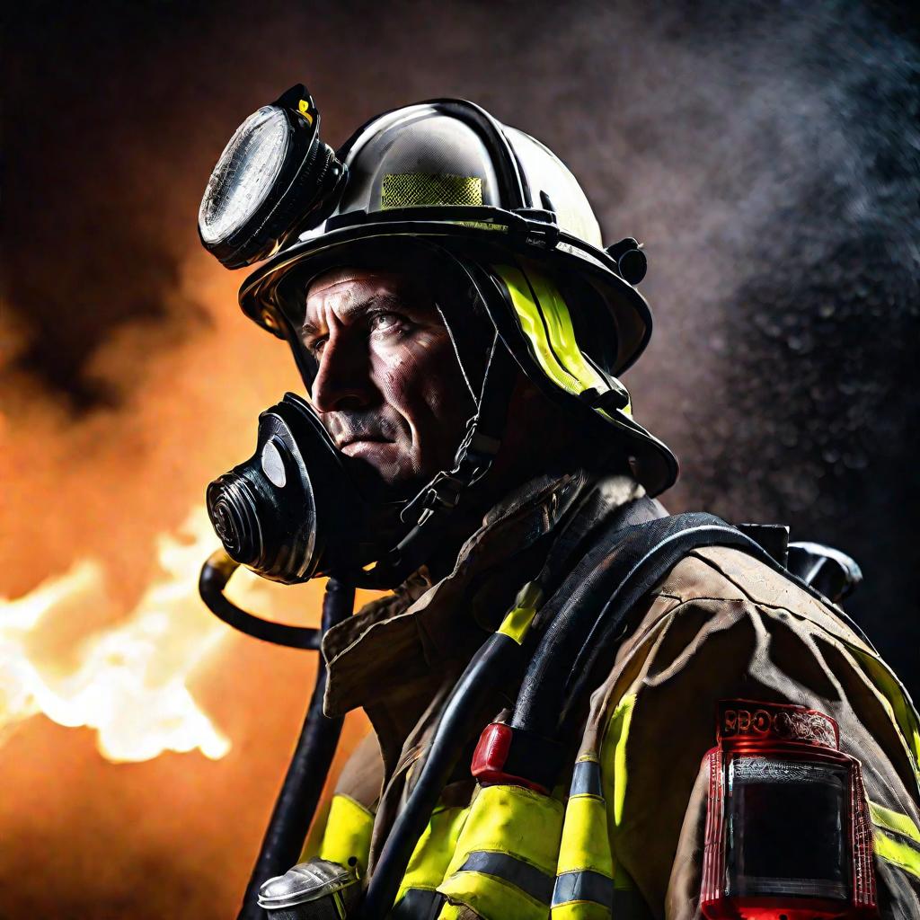 Портрет пожарного с пожарным рукавом