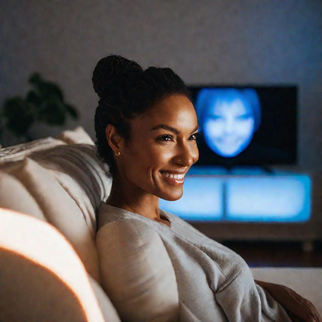 Крупным планом портрет женщины, смотрящей телевизор в своей квартире.
