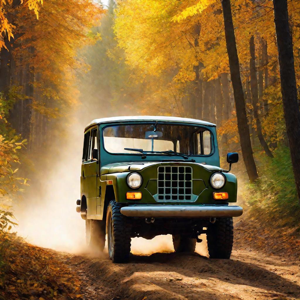 Широкий вид старого армейского УАЗа 469, едущего по проселочной дороге через золотой осенний лес.