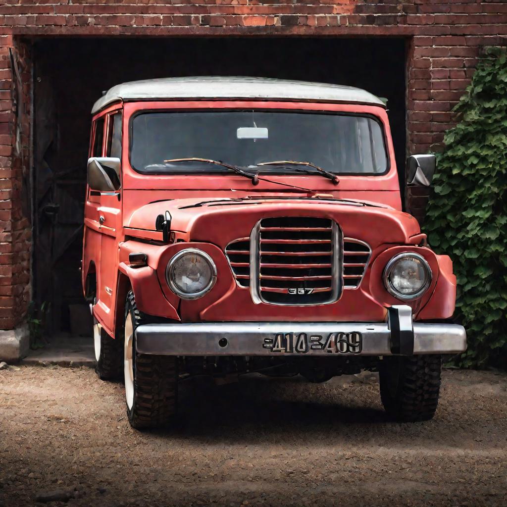 Крупный портрет старого потрепанного красного УАЗа 469 перед гаражом в драматичном освещении.