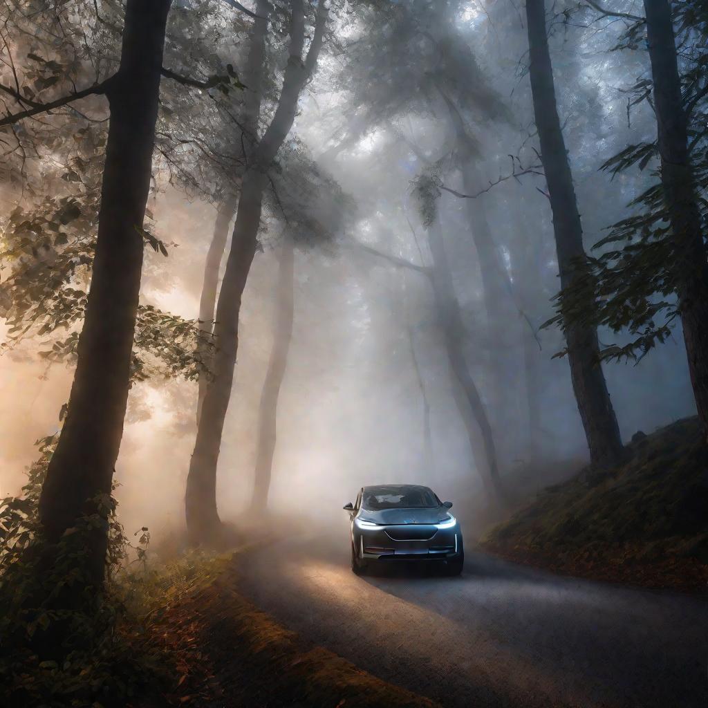 Электромобиль едет по лесу туман рассвет