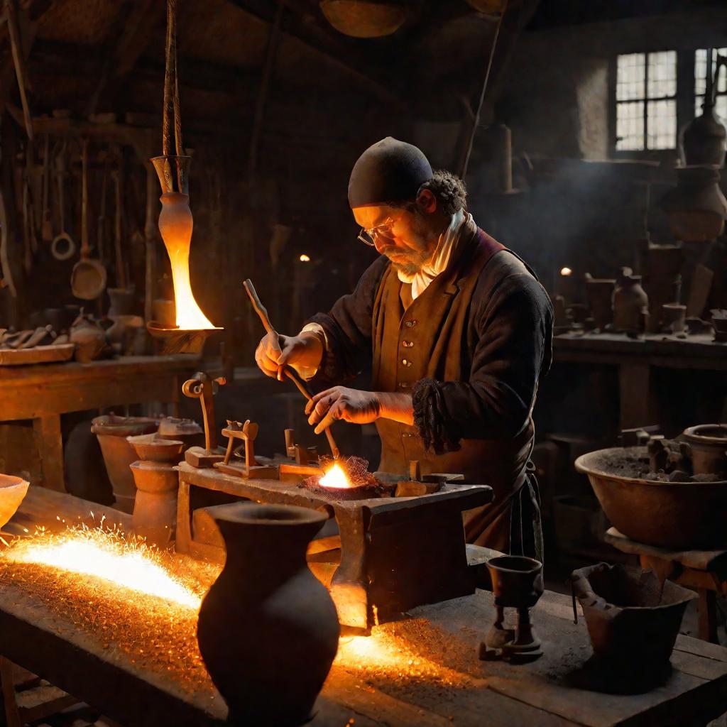 Ремесленник 18-го века работает с расплавленным стеклом в графитовом тигле в мастерской
