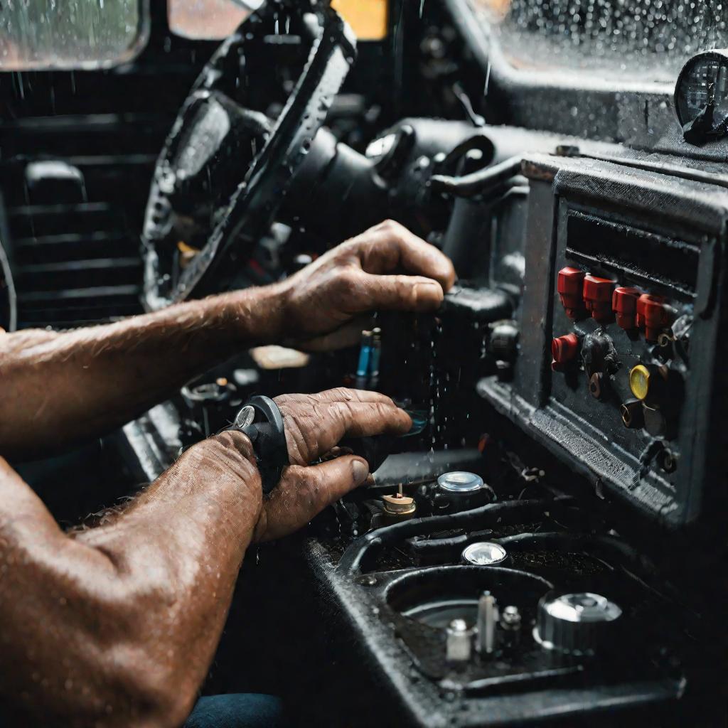 Руки механика чинят переключатели в кабине грузовика в дождливый день