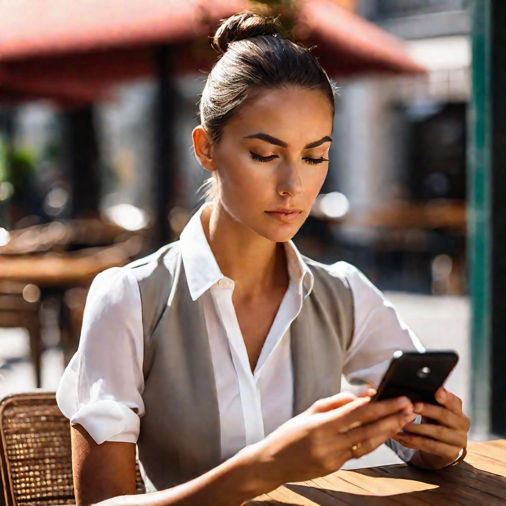 Крупный портрет молодой женщины в стильном деловом костюме, использующей смартфон, сидя за столиком кафе на улице. У нее слегка загорелая кожа, длинные темные волосы, собранные в пучок, и сосредоточенное выражение лица, пока она пристально смотрит на экра