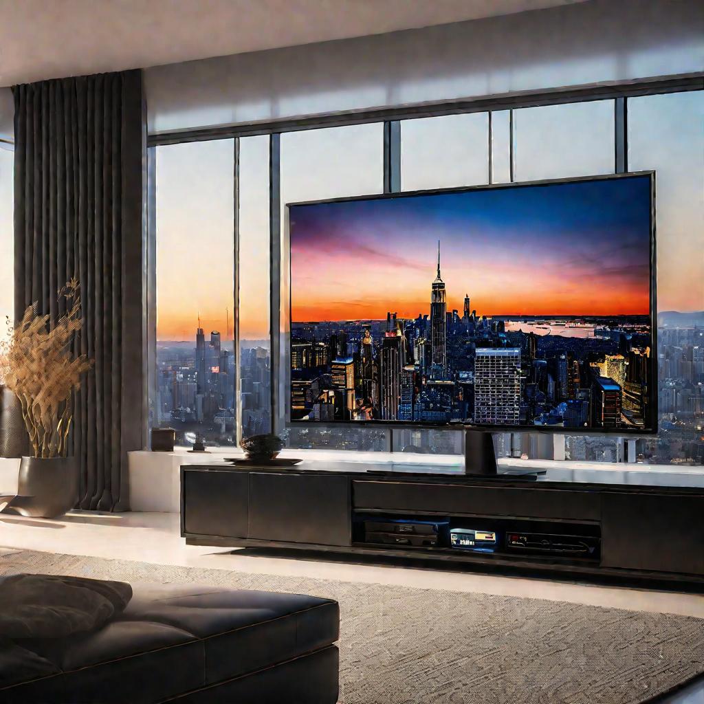 Телевизор висит на стене в гостиной на фоне закатного городского пейзажа за окном, перед ним стоит черный диван.