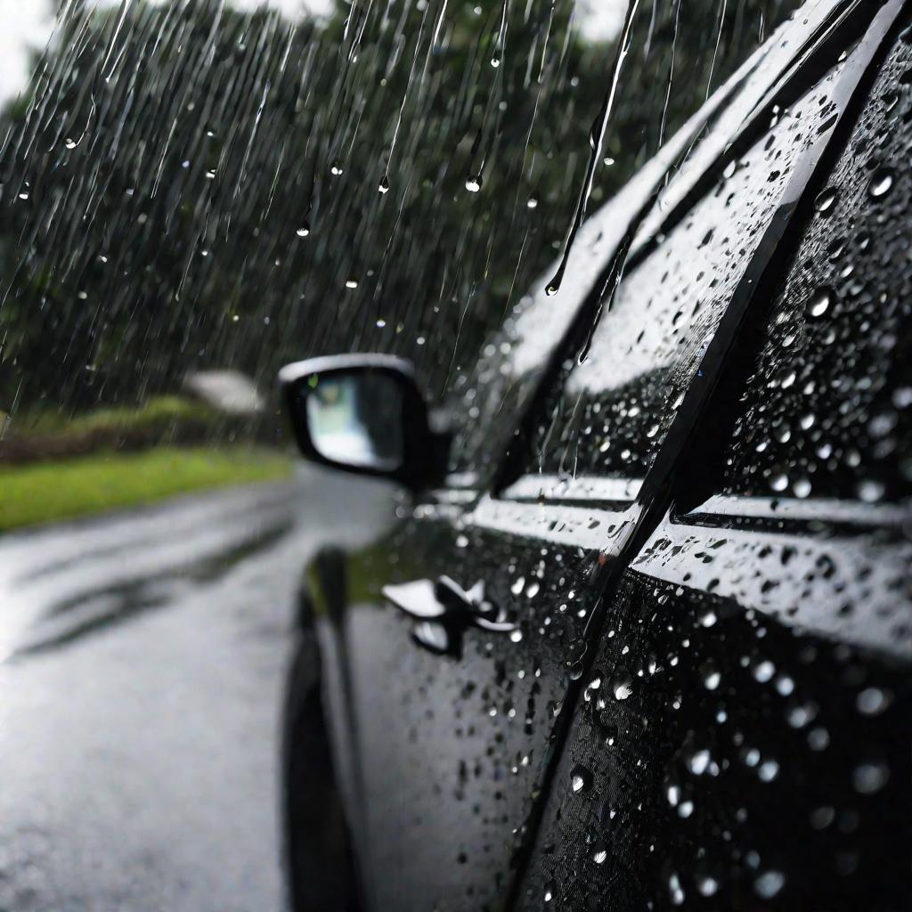 Капли дождя попадают на дверь черного автомобиля.