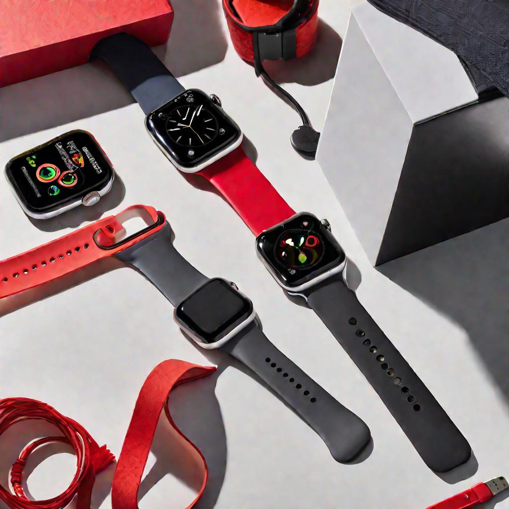 Вид сверху на стол, на котором разбросаны различные модели Apple Watch и аксессуары. Там черные часы с красным ремешком, серебрянные часы с белым ремешком и часы цвета космического серого с черным миланским ремешком. Также там зарядный кабель и открытая к