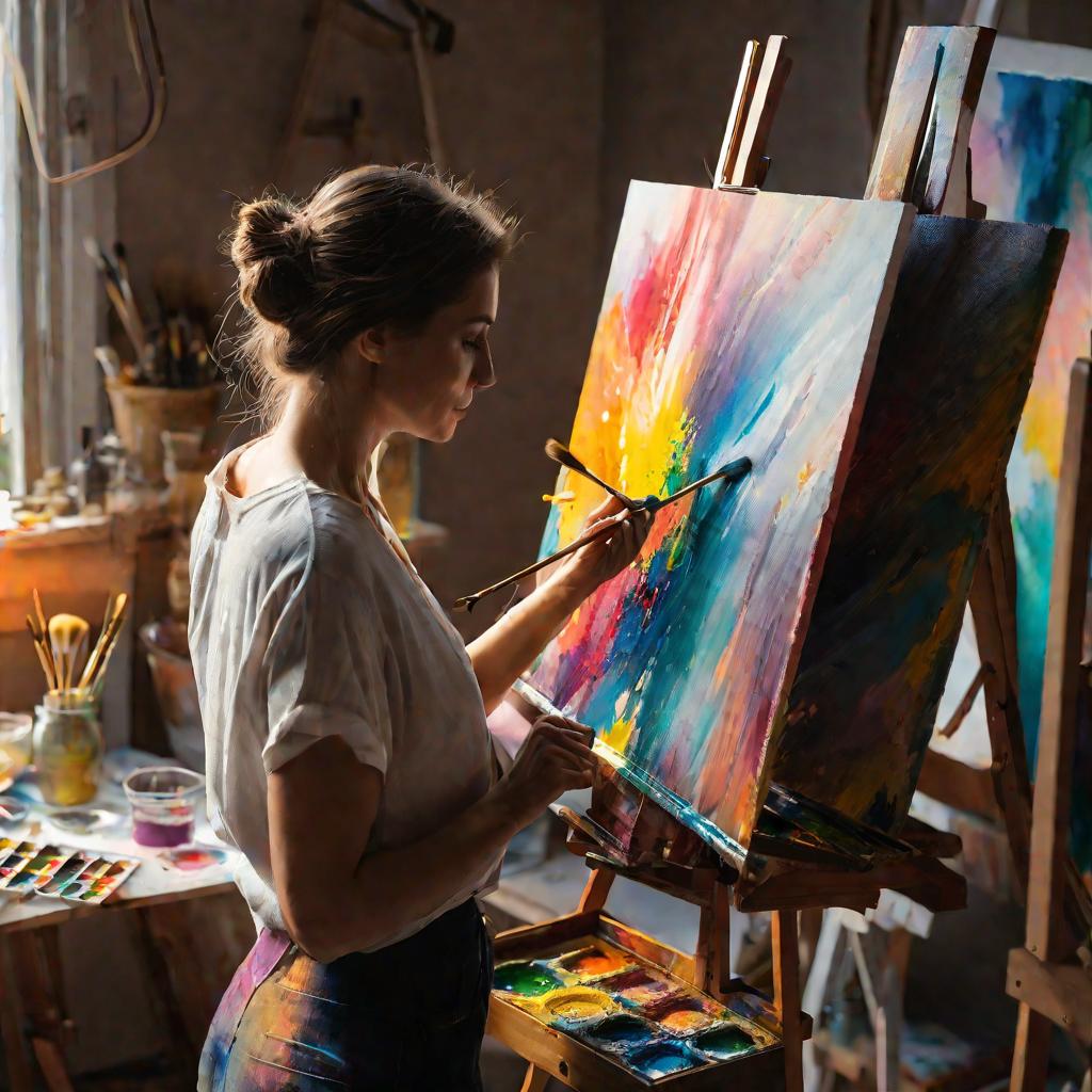 Женщина пишет абстрактную картину в своей мастерской на рассвете