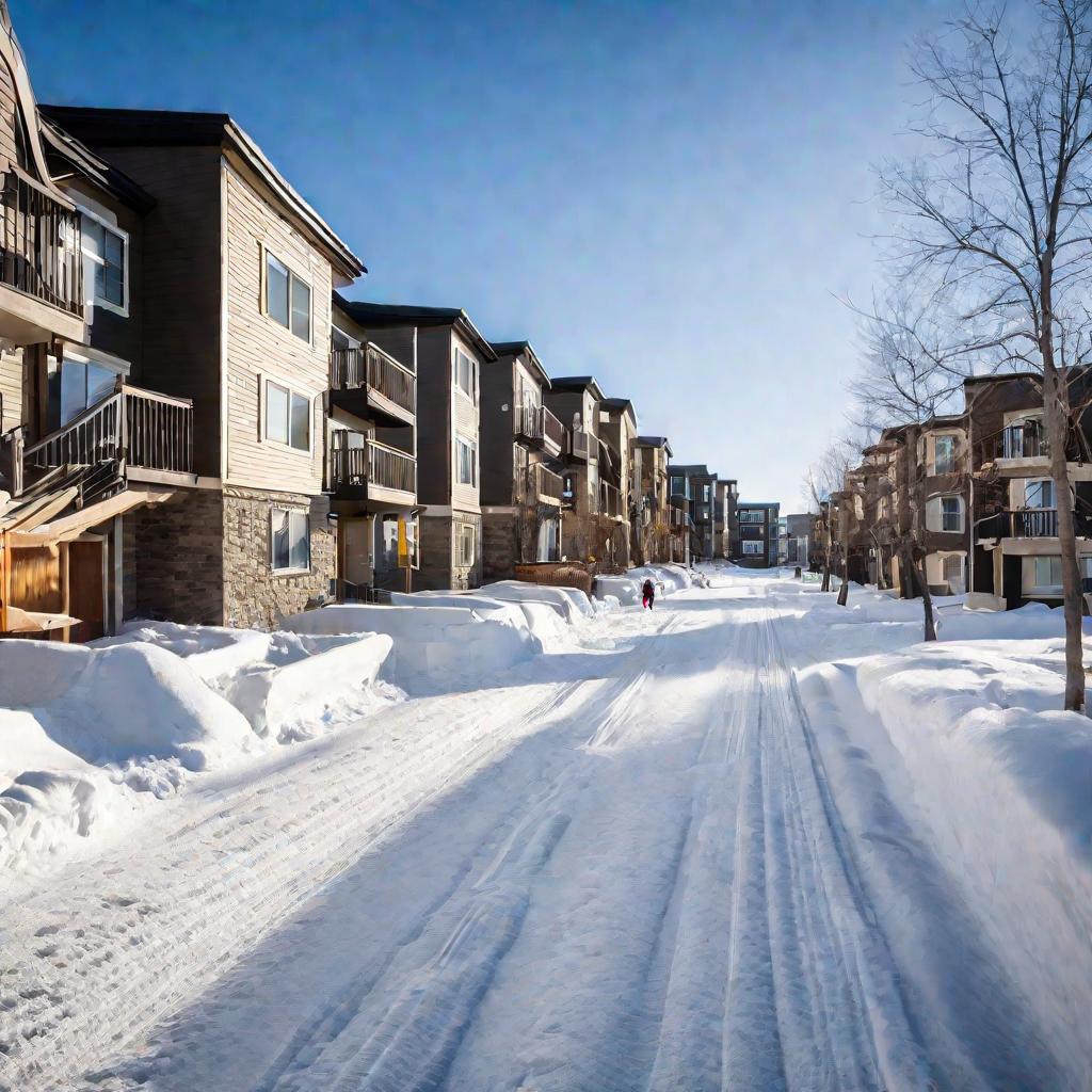 Широкий панорамный вид на жилой район в солнечное зимнее утро. Новые многоэтажки с балконами, покрытые свежим снегом, возвышаются вдалеке. Люди идут по расчищенным тротуарам, дети лепят снеговиков.