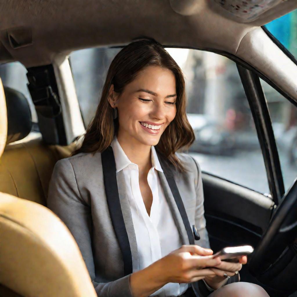 Женщина в такси пользуется приложением Gett