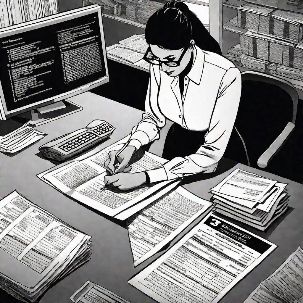 Бухгалтер в офисе изучает документы перед проверкой ИМНС
