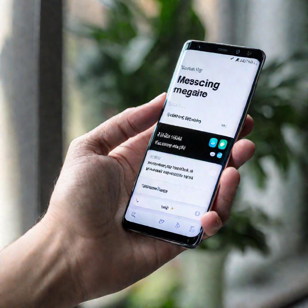 Крупным планом рука держит бюджетный смартфон Самсунг с большим экраном. Фон размыт. Мягкое естественное освещение от окна. На экране приложение для обмена сообщениями.