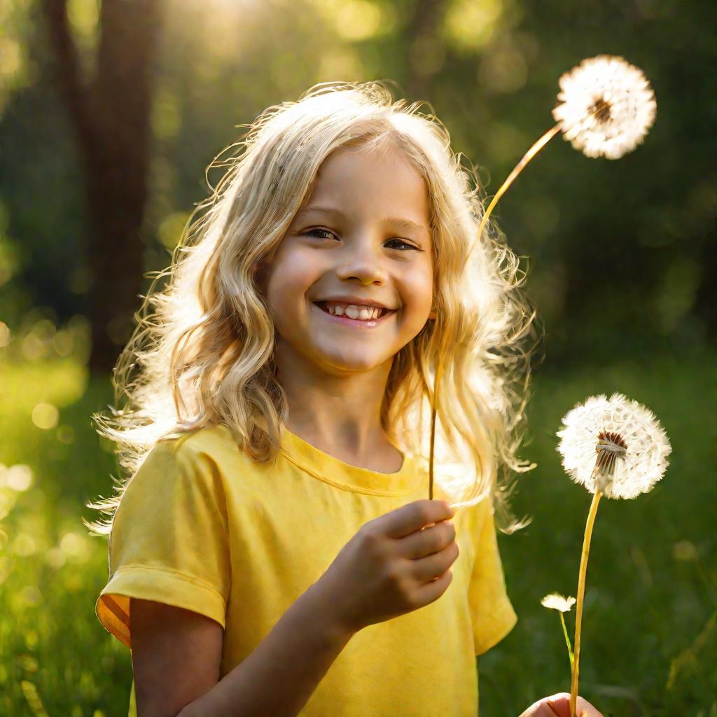 Крупный портрет улыбающейся девочки лет 10 в желтой майке, стоящей на лесной поляне, поросшей зеленой травой, среди деревьев в теплом естественном освещении. У нее вьющиеся русые волосы. Она держит одуванчик и игриво дует на него, разлетаются семена.