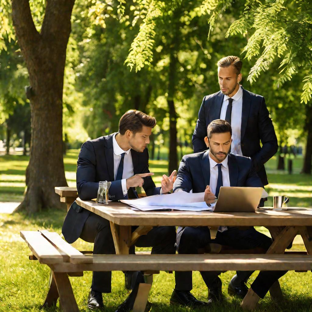 Три бизнесмена в костюмах проводят деловую встречу на свежем воздухе в городском парке в солнечный летний день.