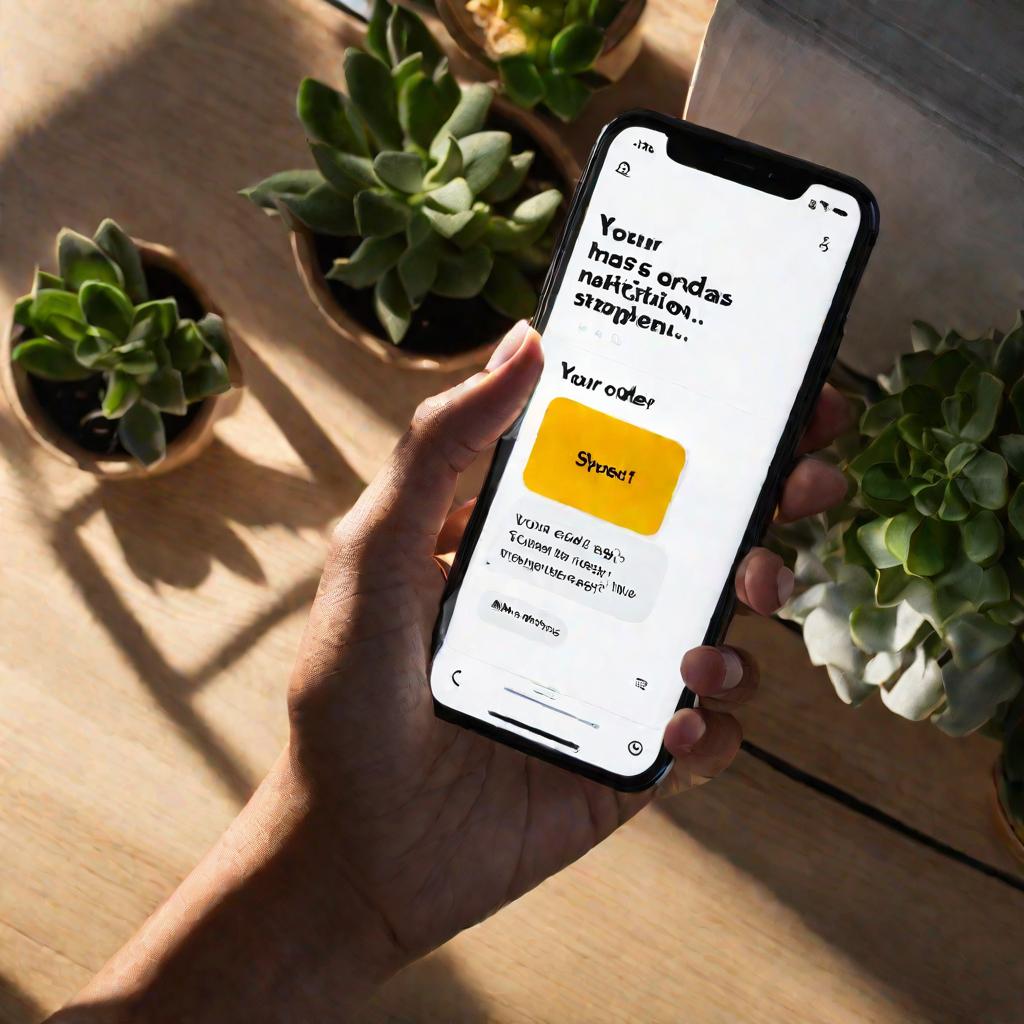 Фото 3: Драматичный вид сверху на руку, держащую смартфон, который получает уведомление. Лучи солнца струятся над рукой, освещая предпросмотр нового сообщения, которое гласит: «Ваш заказ отправлен!». Белая панель уведомлений выделяется на темном домашнем 