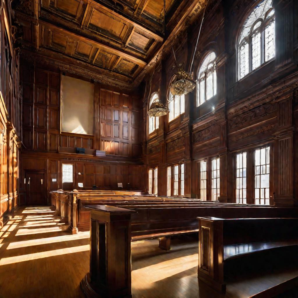 Вид из зала суда на пустое место судьи в затишье перед началом процесса