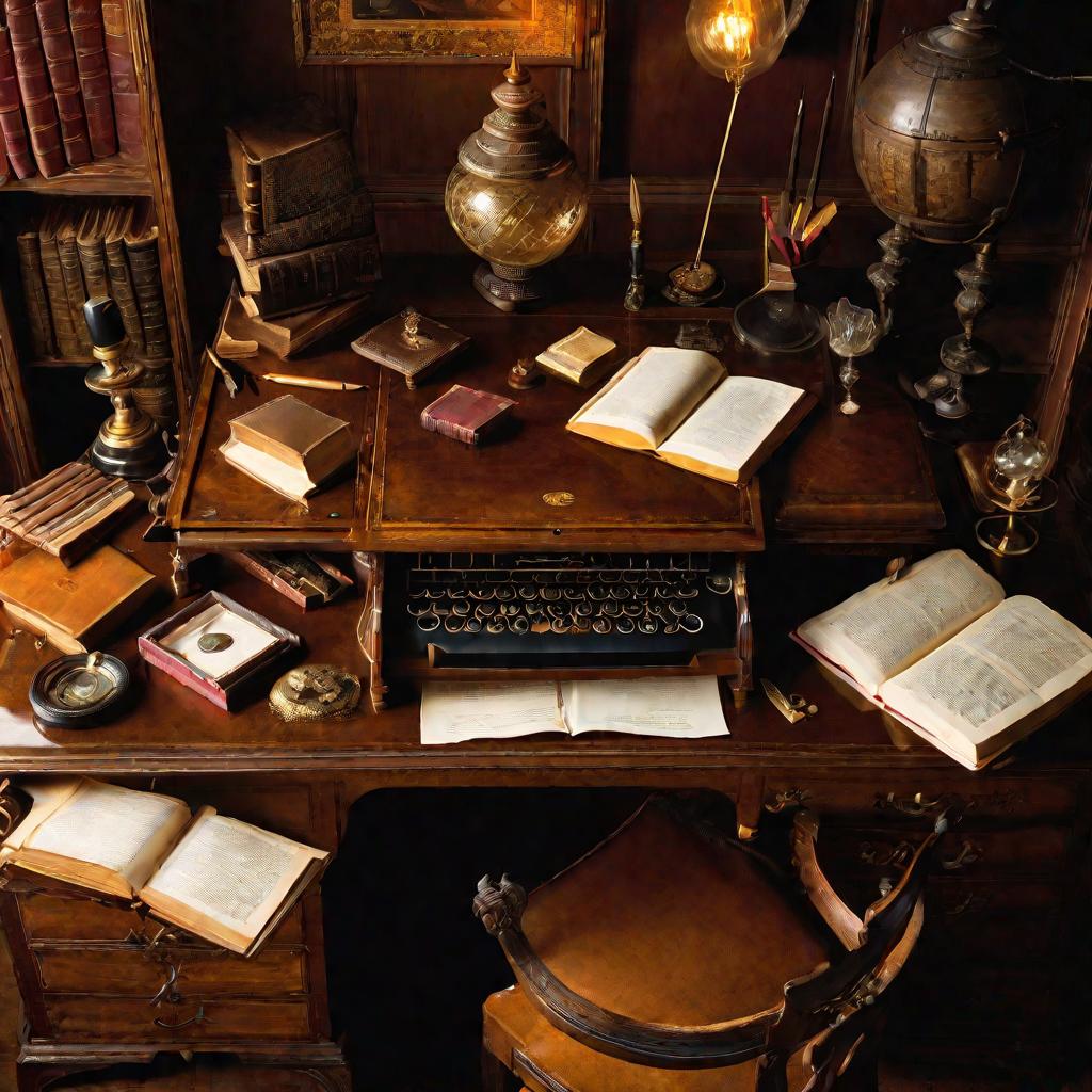 Вид сверху на изящный старинный письменный стол в старой библиотеке, заваленный книгами, бумагами и письменными принадлежностями. Теплый свет лампы освещает стол, подчеркивая патину и богатую текстуру дерева. В целом настроение историчности и академически