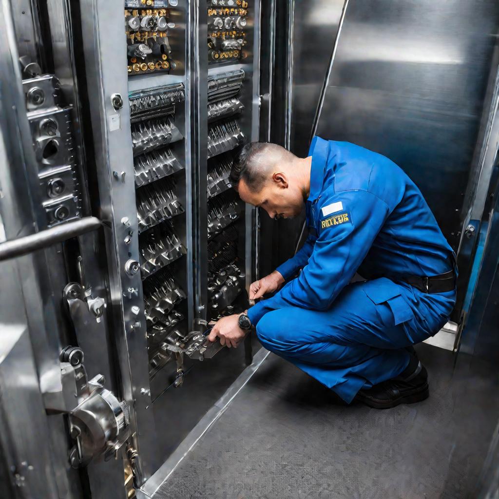 Работник лифтового хозяйства чинит лифт