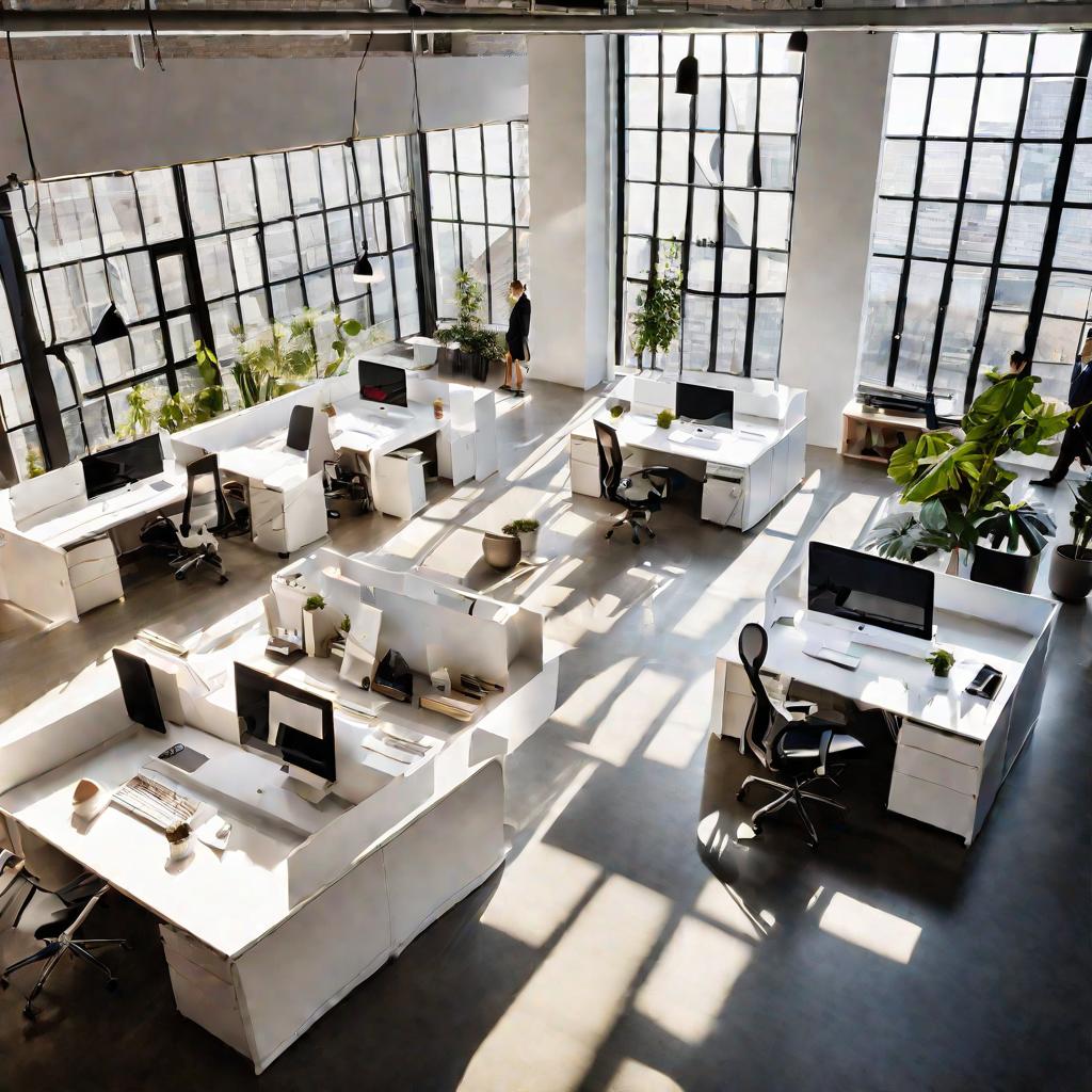 Вид сверху на современный минималистичный офис днем