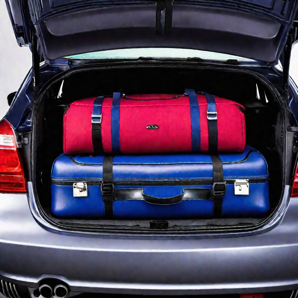 Открытый доверху заполненный багажник синего ВАЗ 2114.