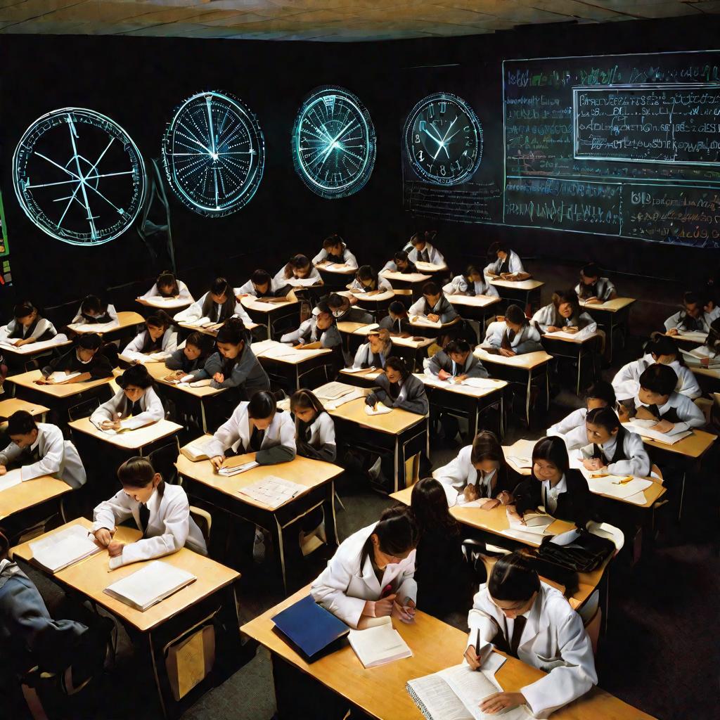 Ночь в школе и студенты учат геометрию