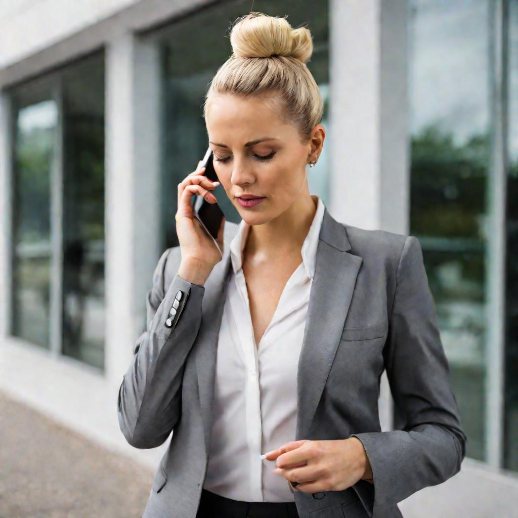 Женщина, разговаривающая по телефону перед офисом страховой компании