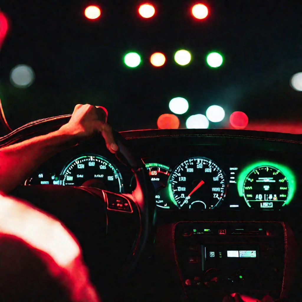 Руки водителя на руле ночью