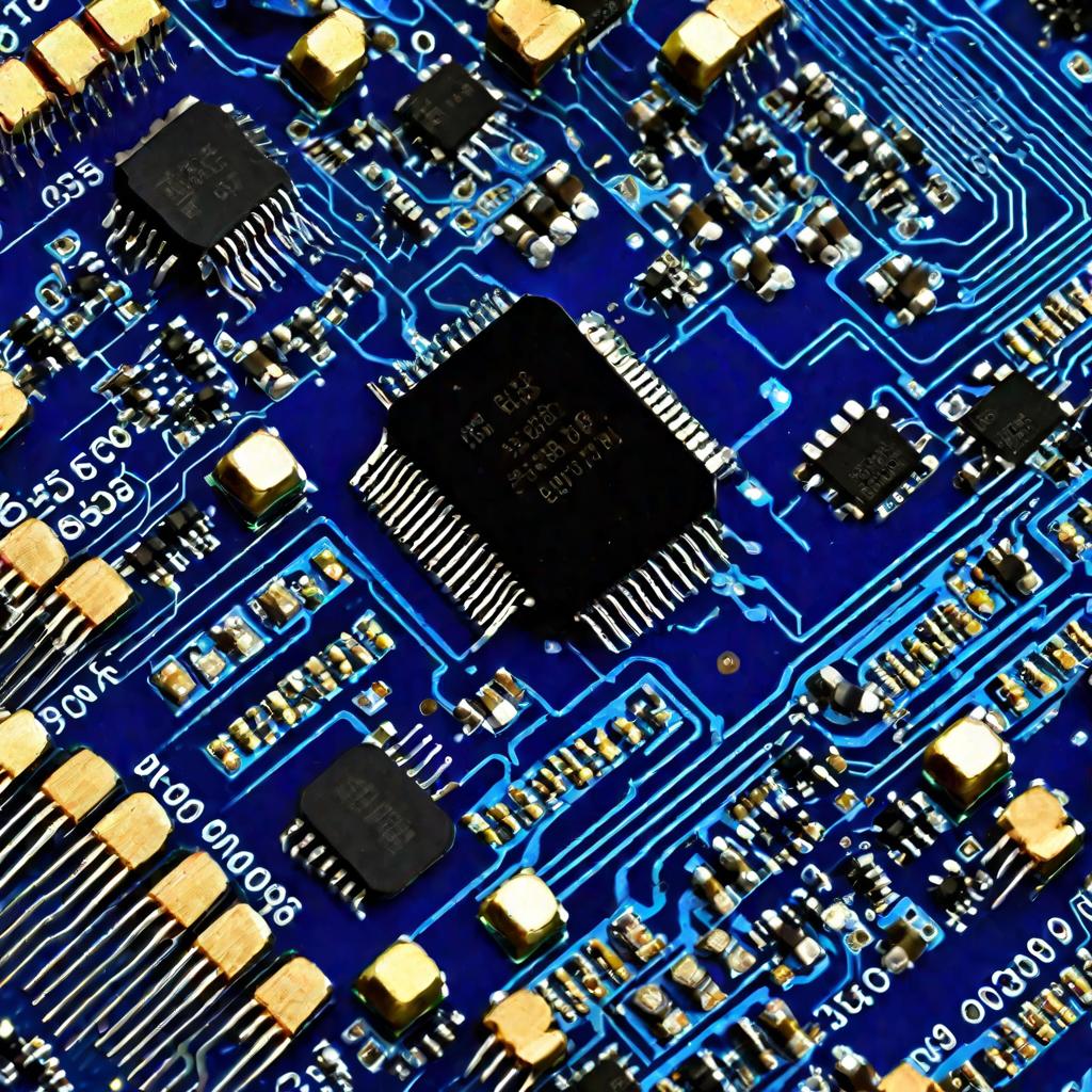 Вид сверху на схему стабилизатора напряжения 7805 с несколькими конденсаторами и резисторами на голубой печатной плате, в хорошо освещенной студии. Четко видны металлические выводы и маркировка микросхемы 7805. Дополнительные компоненты аккуратно размещен