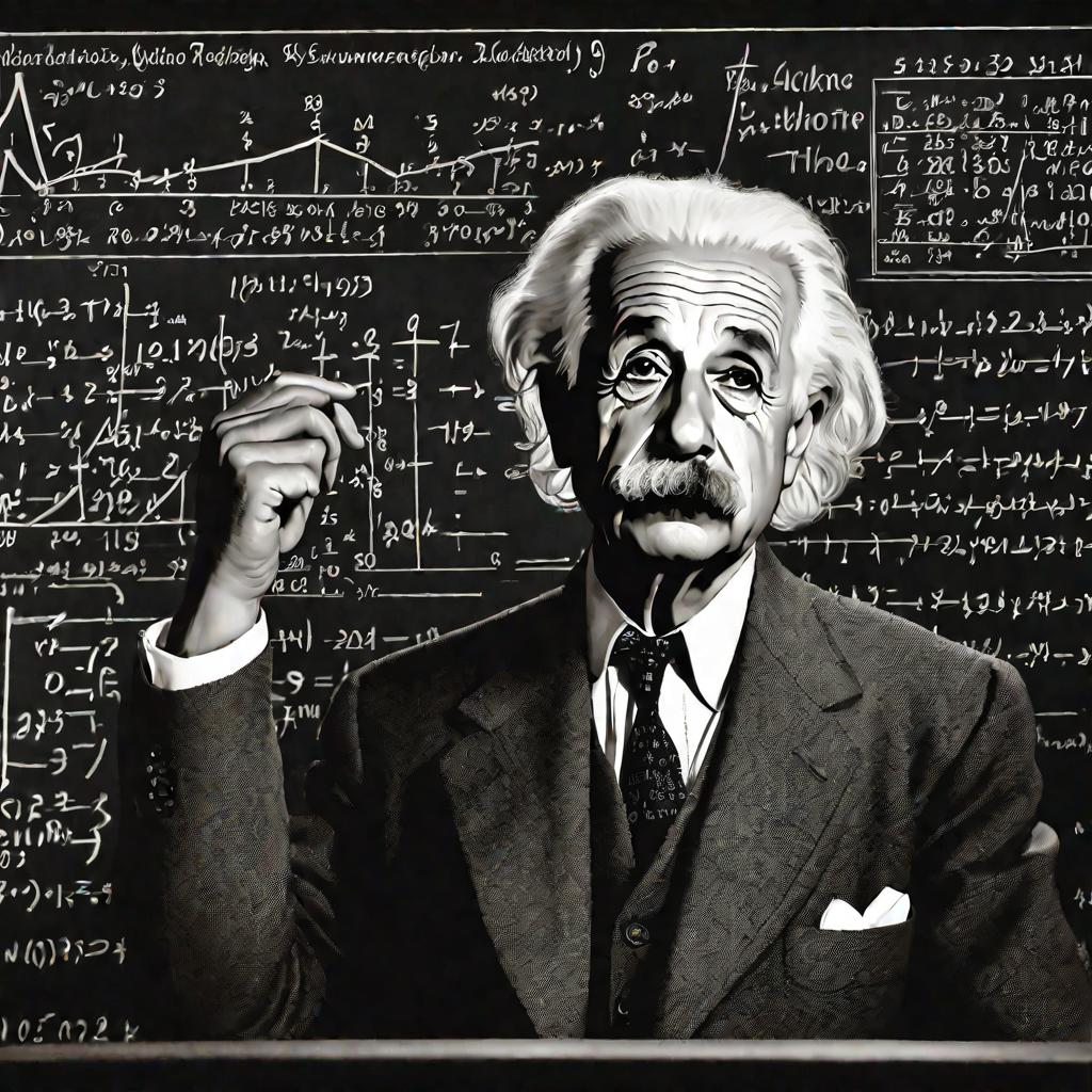Портрет Эйнштейна, размышляющего над меловой доской с формулами.